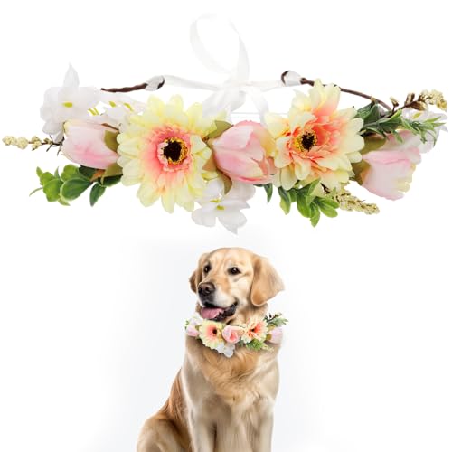 Hunde Hochzeitsblumenhalsband, Hundehochzeitskranz Schleife Haustier Blumenhalsband Blumenkranz Florale Hundekleidung Foto Requisiten Ring für Hunde Haustier Hochzeitsdekoration von NQEUEPN