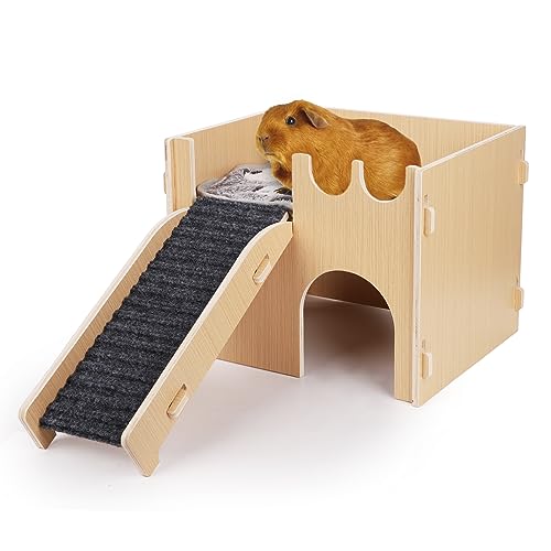 NQEUEPN Meerschweinchenbett, Holz Meerschweinchenbett mit BAU, Treppe, Matte Lebensräume für Meerschweinchen Tierkissenbett für Hamster Zwergkaninchen Chinchilla Eichhörnchen Meerschweinchen von NQEUEPN