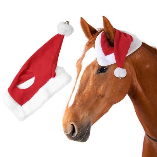 NRTFE Weihnachtsmütze für Pferd, Reiten, Weihnachten, Urlaub, Fleece-Kappe mit Glöckchen, Haustier-Kostüme, Weihnachten, Einohr, Schlupfschuh von NRTFE