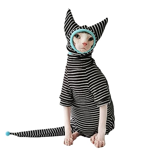 Haarlose Katzenkleidung, Katzenoverall mit Streifen 4 Beinen Pyjama Sphinx Kleidung Katzenbekleidung für Katzen Haustier Onesies Gestreifte Katzenkleidung mit Hut und Schwanz Cover Set (Klein, Nur von NSIBAN