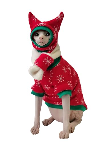 Sphynx Katzenbekleidung – haarloser Katzenpullover von Devon Rex Co, Weihnachtsthema Katzen-Einteiler mit Mütze, Schal und Handschuhen (Größe S, komplettes Set) von NSIBAN