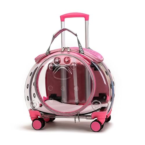 Haustier-Trolley, vollständig transparent, rollender Haustier-Transportbehälter, Katzentransportbehälter mit leisen Rädern, Teleskopgriff, Haustier-Rucksack for Kätzchen und kleine Hunde(Pink) von NTDMSFWM