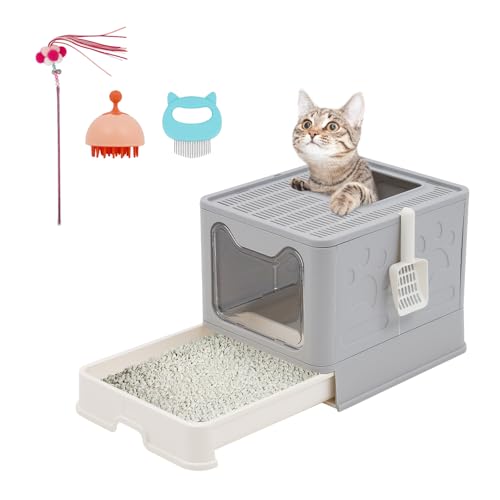 Katzentoilette|Faltbar Katzenklo mit Deckel|Inklusive Scoop-Massage-Kamm-Bürste-Haustier-Silikon-Shampoo-Bürste|Feder-Teaser-Katzenspielzeug-Große Kapazität,Leicht zu Reinigen（51X41X38CM） von NUKied