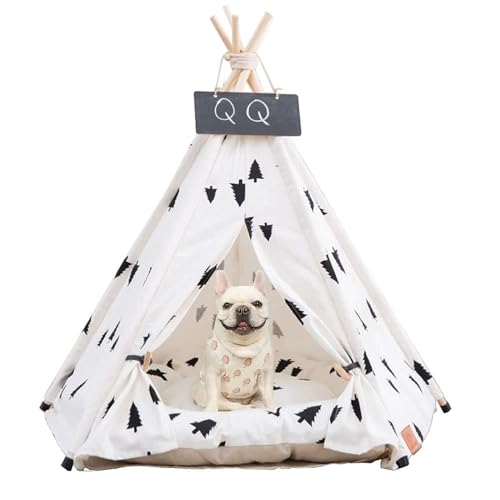 NUKied Haustier Tipi Hunde Zelt 50x50x60cm Hund & Katzenbett mit Anti-Rutsch Kissen Baum Muster Abnehmbar und Waschbar Katzen Zelte Bett Spielhaus von NUKied