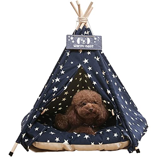 Tipi Zelt für Haustiere mit Kissen | Abnehmbar und Waschbar Hundezelt Katzenzelt Haustierzelte | Haustierbett Wegklappen | Verschließbare Fronttür Hundebett Katzenbett 51x51x61cm von NUKied