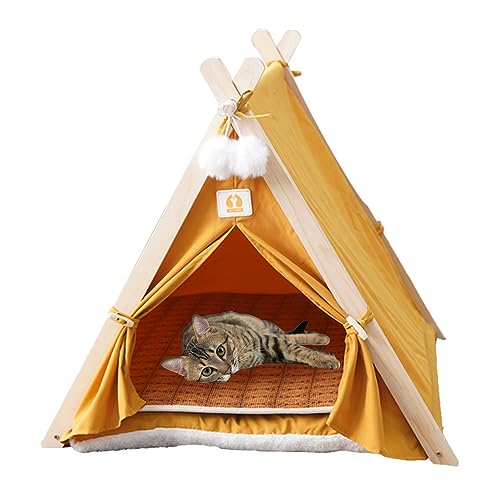 Haustiere Tipi mit Kissen und Sommer Isomatte, Abnehmbar und Waschbar Hunde, Zelt Haustierbett Tipi Spielhaus für Hund Katze Kaninchen Meerschweinchen Indoor (Gelb) von NUODWELL