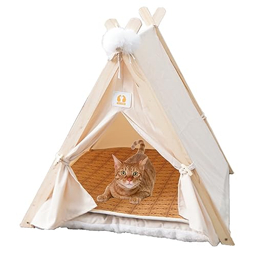 Pets Tipi mit Kissen und Sommer Schlafmatte, Abnehmbar Und Waschbar Hunde, Zelt Haustierbett Tipi Spielhaus für Hund Katze Kaninchen Meerschweinchen Indoor (Beige) von NUODWELL