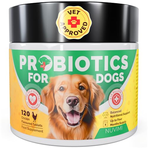 NUVIMI Probiotics for Dogs, 120 Chicken Flavor Dog Probiotic & Prebiotic Tablets, Immune Boost & Digestive Support for Upset Tummy, Loose Stools & Bloating, 1-4 Month Supply by von NUVIMI