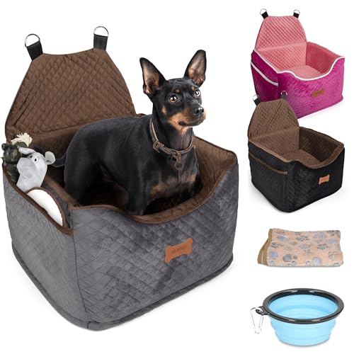 Nuvori Naturals Kleine Hunde Autositz - Memory Foam mit Waschbarem Bezug - Erhöhter Hunde-Sitzerhöhung - Hundesitz für Auto mit Aufbewahrungstaschen, Decke, Wassernapf - Autositz für Hunde Klein von NUVORI