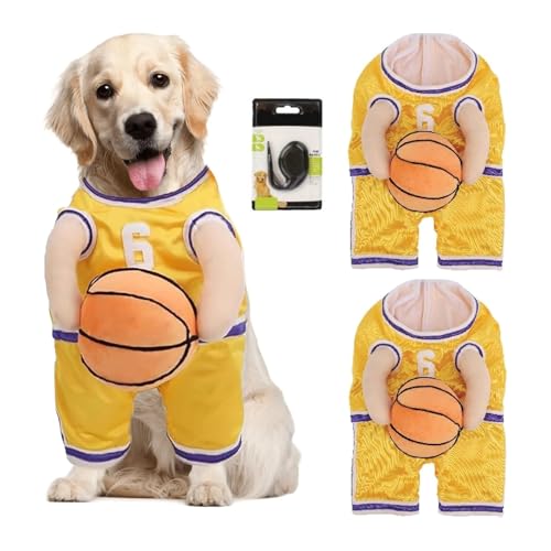 Haustier Halloween Kostüme, Hunde-Basketball-Kostüm mit Ball, Hunde-Basketballspieler-Kostüm, lustiges Dress-Up-Sport-Outfit, Cosplay-Kleidung(Yellow 2,Large) von NUZBCPETR