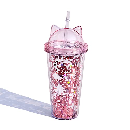 NVNVNMM Wasserkocher Katze-Ohr-Wasserflasche mit Pailletten Bpa frei Double Wall Plastic Tumbler mit strohverwendbarem Smoothie Cup-Drink(Pink) von NVNVNMM