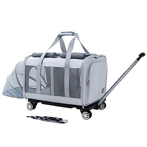 Haustier-Trolley-Koffer, verstellbare Katzen-Gepäcktasche, atmungsaktive tragbare transparente Katzentasche mit Rädern, geeignet für Reisen (grau) von NYASAA