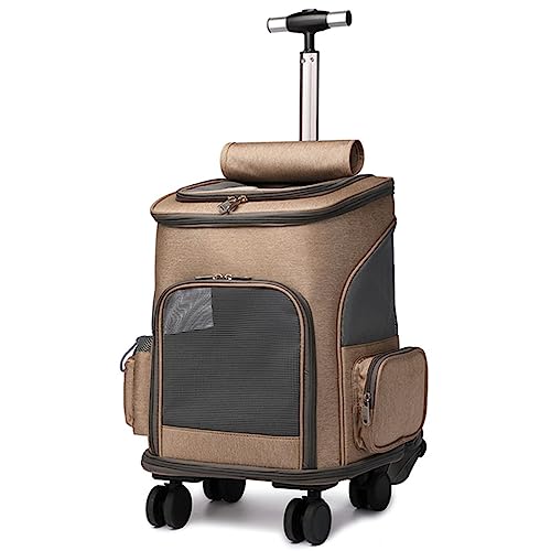 Haustier Trolley Rucksack, Outdoor Reise Katzentasche Trolley Case, Atmungsaktiv Faltbare Roller Leise Räder, Geeignet für Kätzchen und Welpen (Braun) von NYASAA