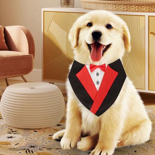 Formal Dog Tuxedo Collar Dog Wedding Bandanas Adjustable Formal Dog Bibs with Red Bow Tie for Large Medium Small Dogs (M) von NYSUZHOUJI