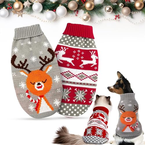 2 Stück Hundepullover Weihnachten, Katze Hund Winter Warmer Weihnachtspullover, Rollkragen Haustierpullover Welpenpullover Rentier Muster, Neujahr Party Geschenk für Kleine Hunde Katze von NYZQIW