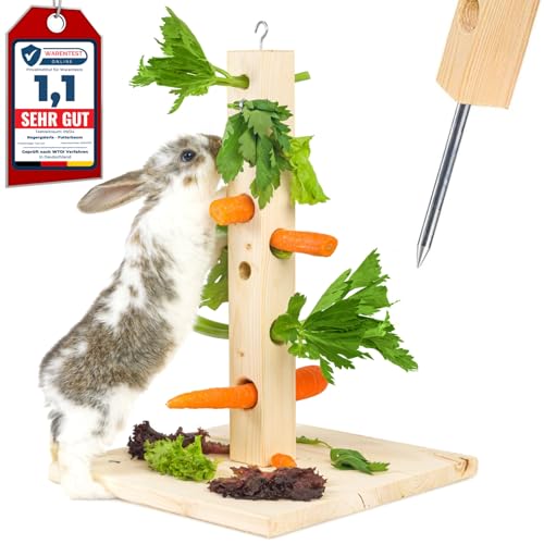 Nagergaleria® Futterbaum Kaninchen Meerschweinchen mit Bodenplatte aus Holz und Erdspieß fürs Freigehege Hasen | Heuraufe Kaninchen von Nagergaleria