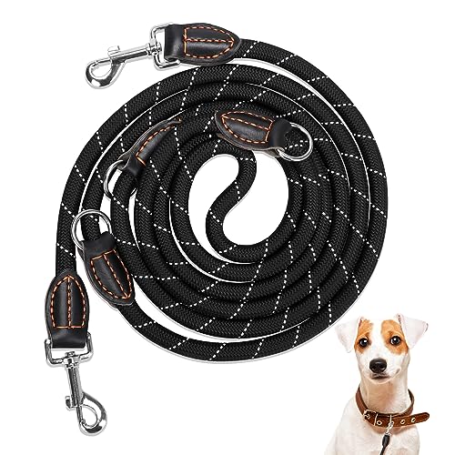 Hundeleine für große und mittelgroße Hunde, Reflektierend Verstellbare Doppelleine aus Nylon mit 2 Karabinerhaken und 3 Ringen Dog Lead Multifunktionale Hundeleine 3 Meter lang (Schwarz mit Weiß) von Nakutita