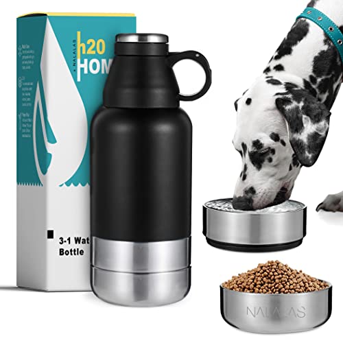 NALALAS 3-in-1 tragbare Hunde-Wasserflasche – große isolierte Wasserflasche mit Reise-Wassernapf und Futternapf – Hunde-Reise-Wasserflasche tragbarer Hundenapf – Wasserflasche für Hunde unterwegs von Nalalas