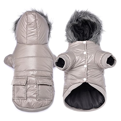 NAMSAN Hundebekleidung Hundewintermantel, Hunde Hoodie mit Leinenloch und Tasche, wasserdichte, Winddichte Kaltwetterbekleidung für kleine und mittelgroße Hunde Grau-L von Namsan