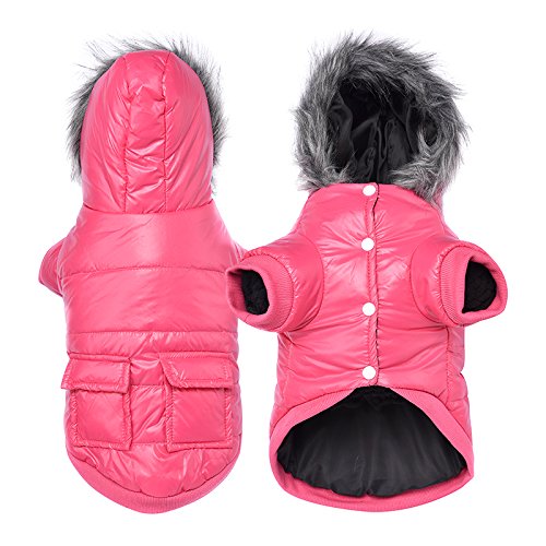 NAMSAN Hundebekleidung Hundewintermantel, Hunde Hoodie mit Leinenloch und Tasche, wasserdichte, Winddichte Kaltwetterbekleidung für kleine und mittelgroße Hunde Rosa-L von Namsan