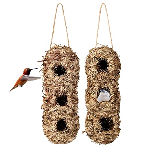 Namzi 100 % handgewebte Kolibri-Häuser zum Aufhängen, Erdnussform, natürliche Vogelhütte, Außengras, hängendes Vogelhaus, Vogelnest, Hütte, Fenster, Haus, Garten, Outdoor-Dekoration, Kolibri (Z33), 2 von Namzi