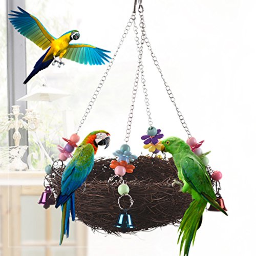 Namzi Natürliches Rattan-Winternest, warmes Nest, mittelgroß, groß, Vogelschaukel mit Glocken für Papageien, Sittiche, Nymphensittiche, Kakadu, Ara, Grau, Lovebird Finken, Kanarienvögel, von Namzi