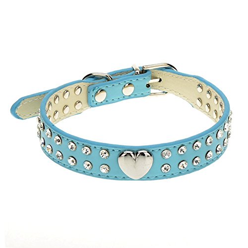 Namzi Niedliches 2-reihiges Hundehalsband aus Leder mit Strasssteinen und Herzen, für kleine oder mittelgroße Hunde, Blau, Größe M von Namzi