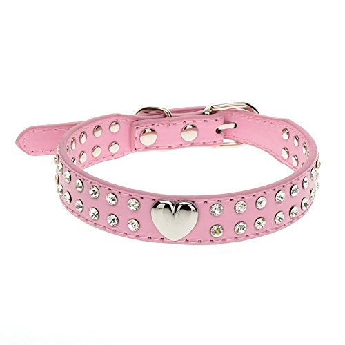 Namzi Niedliches 2-reihiges Hundehalsband aus Leder mit Strasssteinen und Herzen, für kleine oder mittelgroße Hunde, Rosa, Größe M von Namzi