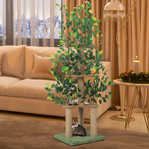 Haustiere Kratzbaum mit lebensechten grünen Blättern, Kratzbaum zum Klettern, Verstecken und Schlafen, Katzenhaus & Katzenbewohner Aktivitätsbaum, Mehrstufige Katzenkondo Katzenturm für Indoor-Katzen von Nandae