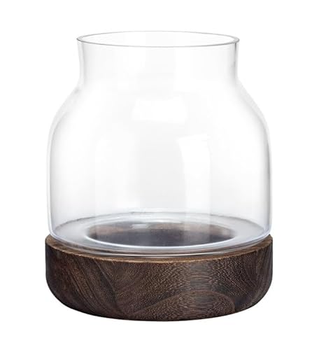 Napco Imports Runde Glasplatte mit Holzsockel, 17,5 x 10,7 cm, Pflanzen-Anzuchtvase oder Terrarium aus Glas und Holz von Napco Imports