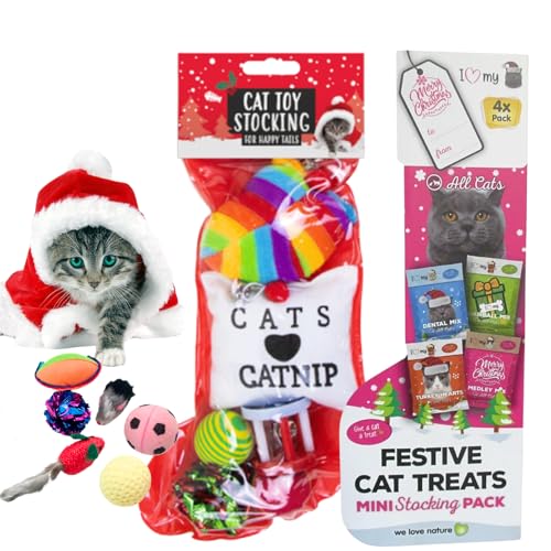 Naras Katzenspielzeug und Leckerlis Weihnachtsstrumpf Geschenk - Interaktives Kätzchenspielzeug und 4x I Love My Cat Festliche Leckerlis - Weihnachtsgeschenke für Katzen, Strumpffüller, von Naras