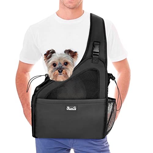 Nasjac Haustier Hund Riemen-Fördermaschine, Welpe Reisetasche Tote Verstellbarer gepolsterter Gurt Atmungsaktives Netz Harte untere Stütze Kordelzug Vordertasche Waschbar, unter 8.0kg (Schwarz) von Nasjac