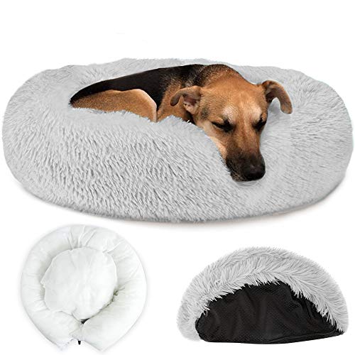 Nasjac Pet Beruhigendes Bett, warmes Donut-Hundebett mit Abnehmbarer Abdeckung Weiches Plüsch-Hundekatzenkissen mit gemütlichem Schwamm, Rutschfester Boden(80 cm Light Grey) von Nasjac