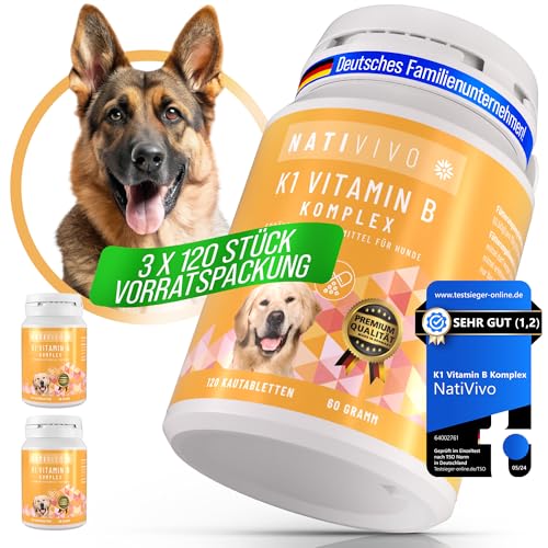 NatiVivo® Premium Hunde K1 Vitamin B Komplex hochdosiert NUR FÜR Grosse Hunde > 15 kg Nicht teilbar 3x120 Tabletten VORRATSPACKUNG inklusive B12 und Folsäure. Nervenstark durch den Alltag! von NatiVivo