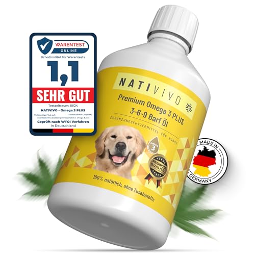 NatiVivo® Premium Omega 3 Plus 3-6-9 Hunde Barföl 250ml Omega 3 Boost Fischöl 100% natürlich mit beruhigendem Hanföl - fördert den Ausgleich des Omega 6 Ungleichgewichts von NatiVivo