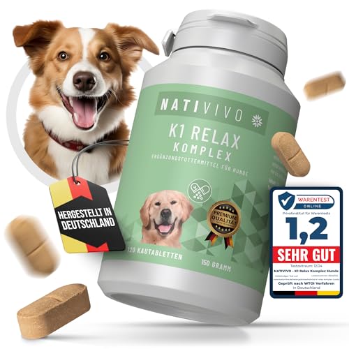 NatiVivo® 120 Tabletten Premium Hunde K1 Relax Komplex Beruhigungsmittel hochdosiert inklusive Baldrian und Hanföl. Relaxt durch den Alltag! Entspannungs- & Anti-Stressmittel für Hunde von NatiVivo