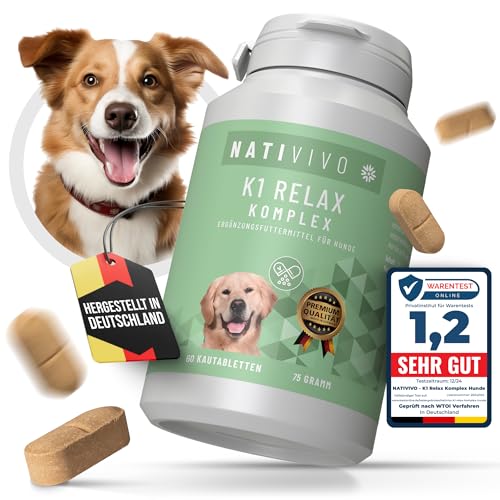 NatiVivo® 60 Tabletten Premium Hunde K1 Relax Komplex Beruhigungsmittel hochdosiert inklusive Baldrian und Hanföl. Relaxt durch den Alltag! Entspannungs- & Anti-Stressmittel für Hunde von NatiVivo