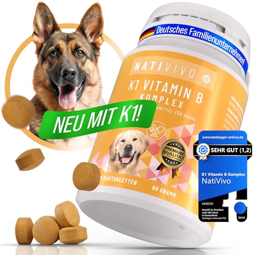 NatiVivo® Premium Hunde K1 Vitamin B Komplex hochdosiert NUR FÜR Grosse Hunde > 15 kg Tabletten Nicht teilbar inklusive B12 und Folsäure. Nervenstark durch den Alltag! von NatiVivo