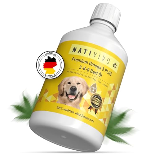 NatiVivo® Premium Omega 3 Plus 3-6-9 Hunde Barföl 500ml Omega 3 Boost Fischöl 100% natürlich mit beruhigendem Hanföl - gleicht das Omega 6 Ungleichgewicht aus - Made in Germany! von NatiVivo