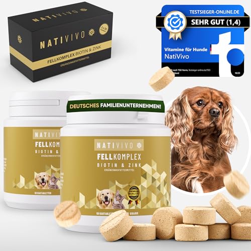 NatiVivo® [TESTSIEGER] 2x50 Tabletten hochdosiertes, probiotisches Premium Biotin+Zink Katze Hund Komplex für EIN glänzendes und schönes Fell. Gegen Haarausfall, Juckreiz und trockene Haut. von NatiVivo