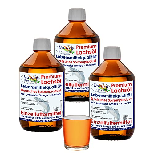 Natura Pro Vita Lachsöl Hunde Lebensmittelqualität Barföl Hunde kaltgepresst Lachs Fischöl Hund für Haut und Fell Omega3 Öl Hunde Immunkraft 3L Glasflasche (3X 1L) von Natura Pro Vita