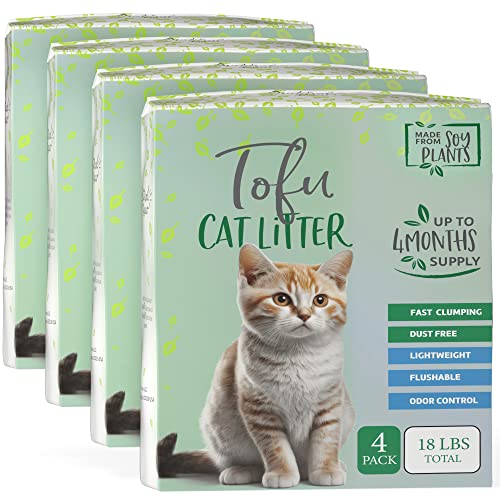 Natural Paw Tofu Katzenstreu, leicht, 4 Stück, natürliche Geruchskontrolle, Katzenstreu, 99,9 % staubfrei, schnell klumpend, Multi-Cat, schnell wirkend, super absorbierend, silikonfrei, spülbar, geruchlos, 8,2 kg von Natural Paw