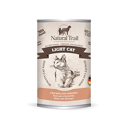 NATURAL TRAIL 400g LIGHT mit Huhn und Garnelen, Premium-Feuchtfutter, komplettes und ausgewogenes Futter für ältere, sterilisierte und fettleibige Katzen, 100% Fleisch, ohne Mehl und Knochen, Dose von Natural Trail