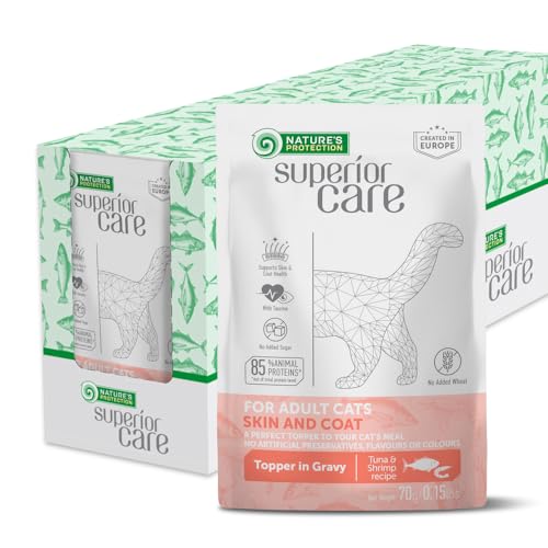 Nature's Protection Superior Care Skin & Coat Nassfutter für ausgewachsene Katzen, alle Rassen, Thunfisch & Garnelen, 70 g Beutel, 24er-Pack - Unterstützt gesunde Haut und Fell von Nature's Protection