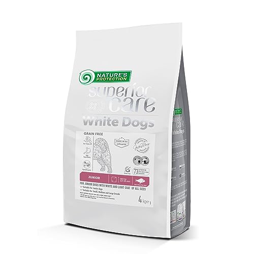 Nature's Protection Superior Care White Dog Glutenfrei Getreidefrei Trockenhundefutter Für alle Größen von Jungen Hunden mit hellem Fell, Weißfischmehl Größere Brocken 4kg. von Nature's Protection