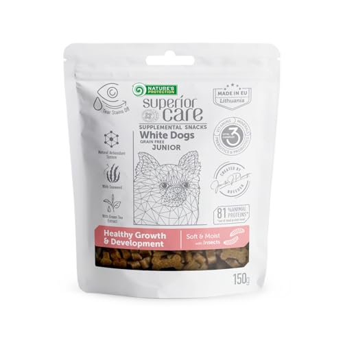 Nature's Protection Superior Care White Dogs Getreidefrei Gesundes Wachstum & Entwicklung Leckerlis mit Insekten für Junior Hunde Aller Rassen, Tränenflecken Reduktion, 150g von Nature's Protection