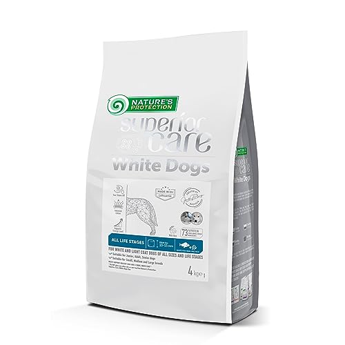 Nature's Protection Superior Care White Dogs Glutenfrei Trockenhundefutter Für alle Größen und Lebensphasen von Hunden mit hellem Fell, Weißfischmehl und Reis Größere Brocken 4kg. von Nature's Protection