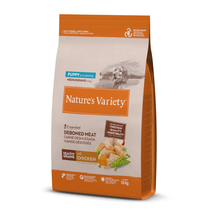 1 kg gratis! 10 / 12 kg Nature's Variety Medium/Maxi - 10 kg Healthy Grains Puppy Huhn von Nature’s Variety