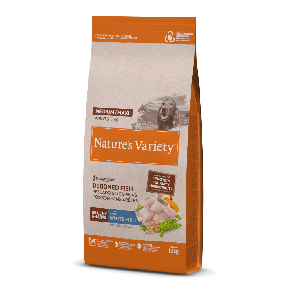 1 kg gratis! 10 / 12 kg Nature's Variety Medium/Maxi - 12 kg Healthy Grains Adult Weißfisch von Nature’s Variety