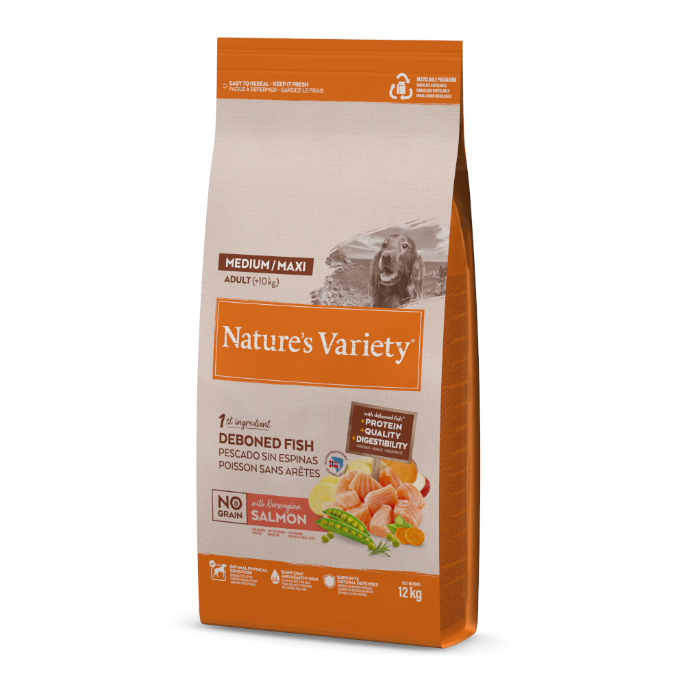 1 kg gratis! 10 / 12 kg Nature's Variety Medium/Maxi - 12 kg No Grain Adult Lachs von Nature’s Variety